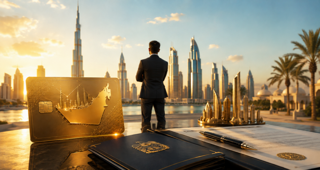 UAE Golden Visa for entrepreneurs with Dubai skyline representing long-term business residency and investment opportunities